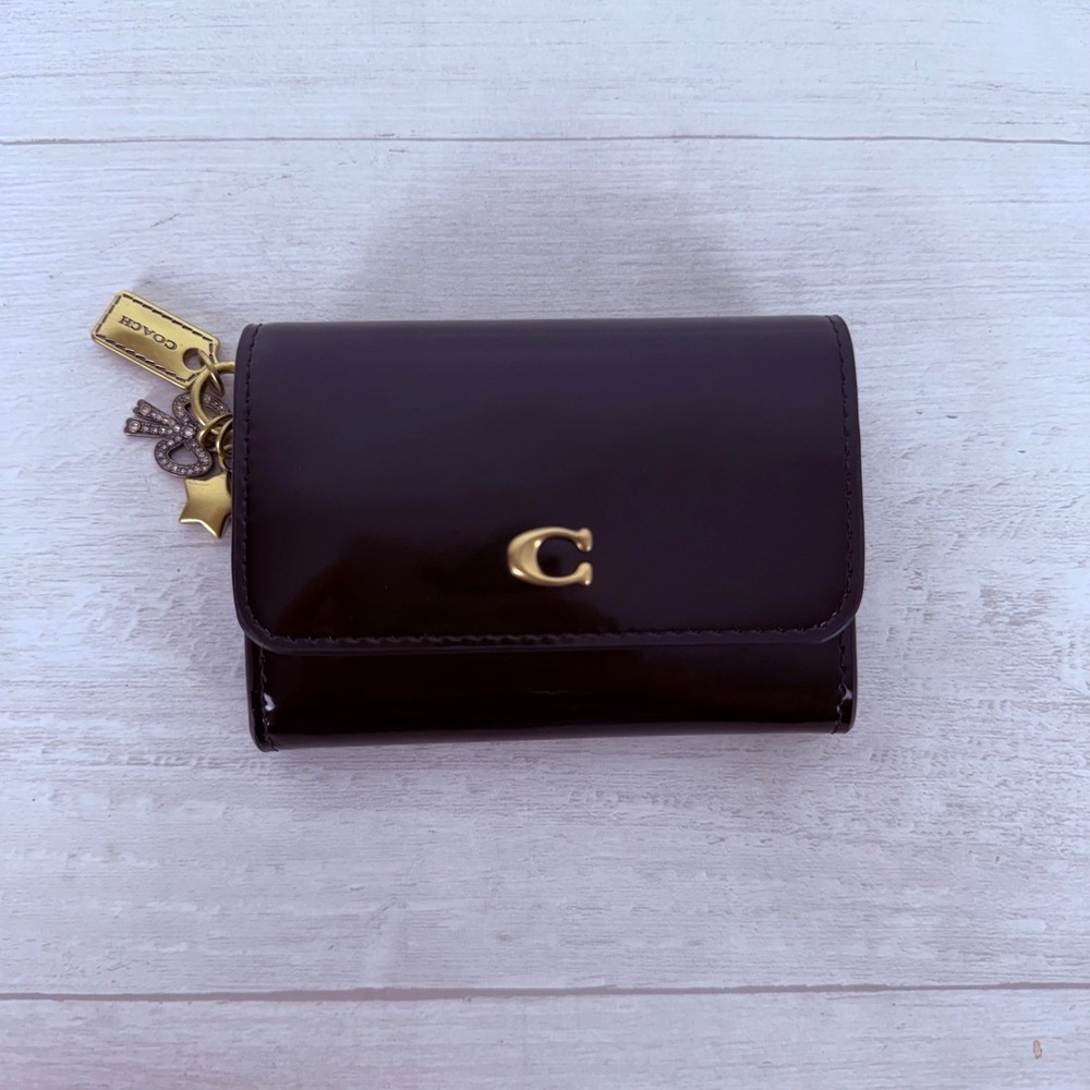 Coach Essential Flap Card Case Wallet Womens OS Black Patent Leather with Charms